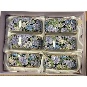 Two's Company Mollie Fitz Chintz Floral Napkin Rings Set of 6 Blue Purple Gold